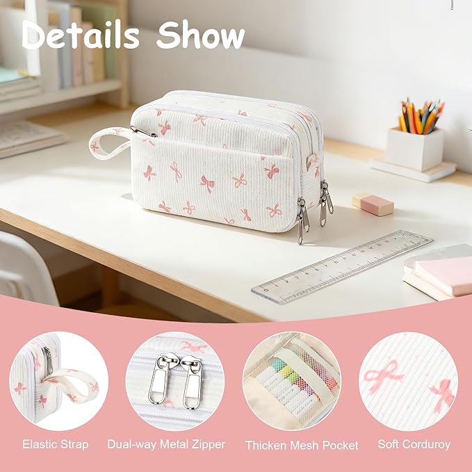 BuyCard Large Capacity Cute Pencil Case, Aesthetic Pen Pouch, White with Pink Bow Pattern Pencil Bag, Kawaii Stationery Storage and Organizer, Supplies for Teen and Adult Girls