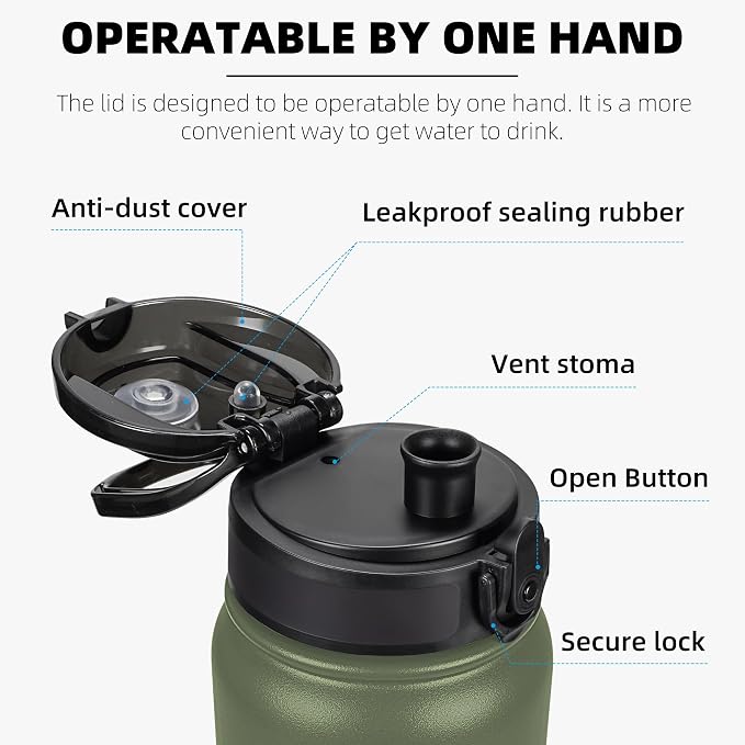 Fanhaw 20 oz Insulated Stainless Steel Water Bottle with Anti-Dust Chug Lid, Leakproof Vacuum Metal Everyday Use Bottle for Kids, Teens & Adults, Back to School Essentials (Olive Green)