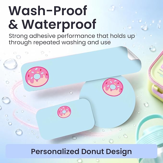 Label Daddy Personalized Name Labels for School, Donut Design | Waterproof Name Tags for Kids, Washable Custom Daycare Labels, Clothing, Lunch Boxes, Water Bottles and More, 128 Ct & 256 Ct