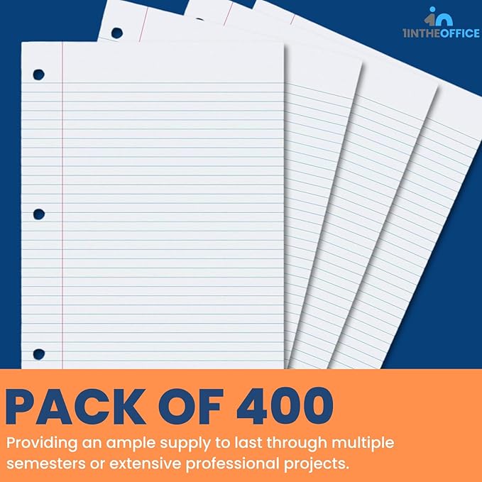 1InTheOffice Filler Paper College Ruled 8.5 x 11, 3-Hole Loose Leaf Binder Paper, Letter Size, (400/Pack)