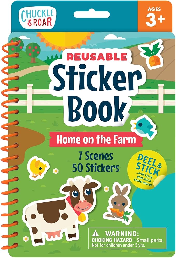 Chuckle & Roar Reusable Sticker Book: Farm – 7 Farm Scenes + 45 Premium Reusable Stickers, Mess-Free Arts & Crafts Travel Activity for Toddlers, Durable On-The-Go Sticker Play Set, Ages 3+