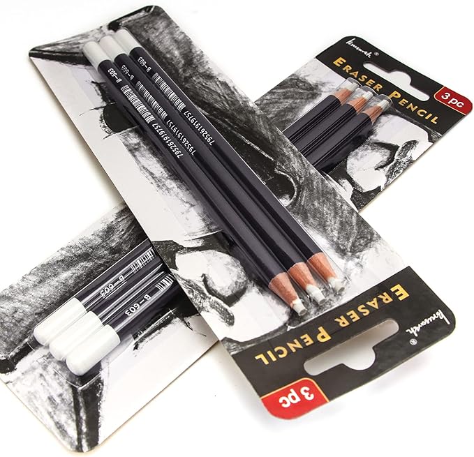 Brusarth 3pc Eraser Set - Fine Detail Eraser for Sketching, Charcoal Drawings & Colored Pencils