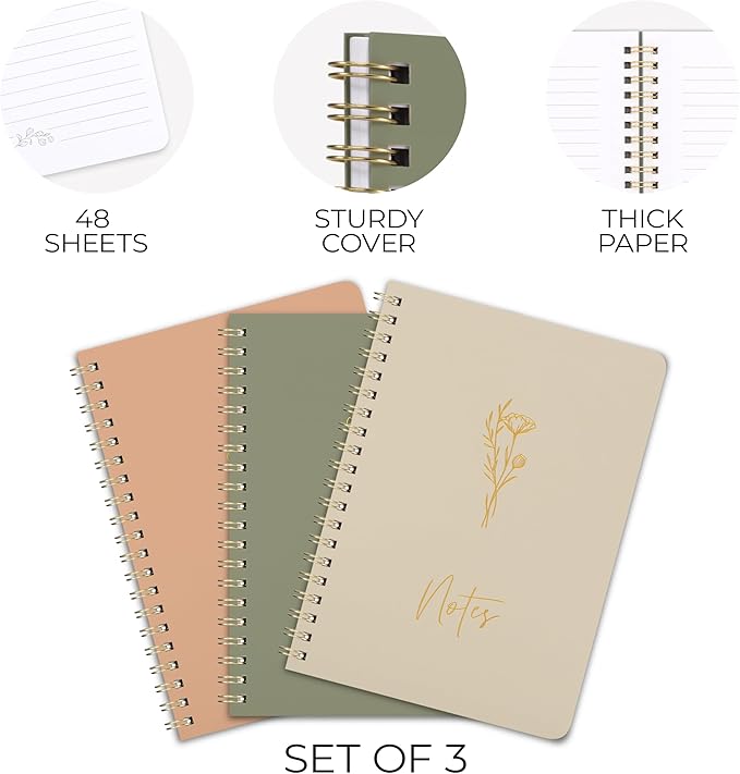 ZICOTO Aesthetic Spiral Notebook Set of 3 For Women - Cute College Ruled 7x5 Journal/Notebook with Lined Pages - Perfect Supplies to Stay Organized at Work or School