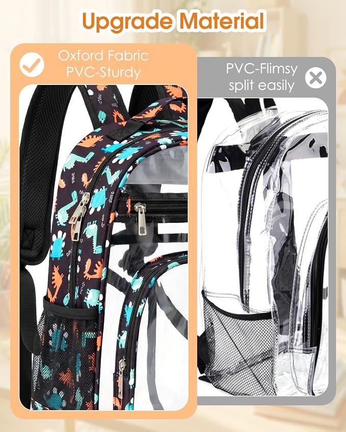 Soimeat Clear Backpack for Girls - Kids Clear Bookbag - Fabric & PVC Transparent Backpacks for Elementary School, Black Dinosaur