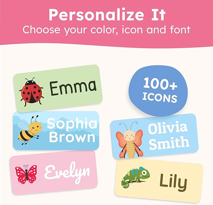 Personalized Name Labels for Kids (70 Labels) - Durable & Waterproof Custom Name Stickers for Clothing Tags, School Supplies, Camp & Daycare - Plant Friends (1.2”x0.5”)