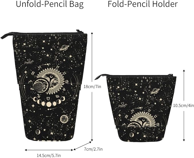 Moon and Sun Standing Pencil Case Cute Telescopic Stationary Pouch with Zipper Large Capacity Stand up Pen Bag Portable Makeup Holder for School Office Supplies