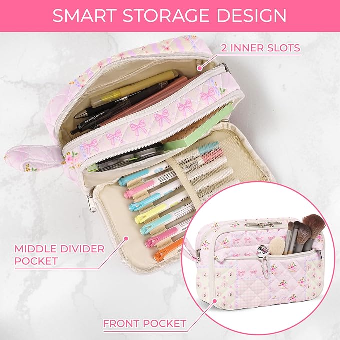 WOBAGMEN Quilted Pencil Pouch for Girls Women, Large Pencil Case Pouch with Compartments Cute Aesthetic Pencil Case Organizer, Floral Pencil Bag for School Supplies (pink pin)
