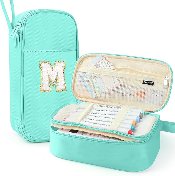 Large Pencil Case,Big Capacity Pencil Pouch,Personalized Initial Pencil Bag with smooth zipper,Multiple Pockets,Cute Aesthetic Stationery Pen Case Bag for Teen Girls College (Mint Green, M)