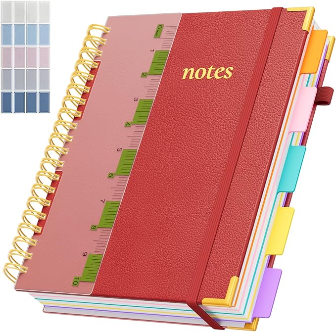 XYark A4 Hardcover Spiral Notebook, 8.5"x11" College Ruled Notebooks with Removable Dividers Tabs & Ruler, 5 Subject Notebook 300 Pages, Large Lined Journal for Women Men School Work Office, Red