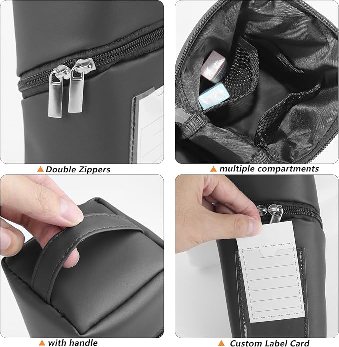 Standing Aesthetic Pencil Case Pouch Large Capacity Preppy,Double Zipper with Handle Multi Compartments Organizer,Black