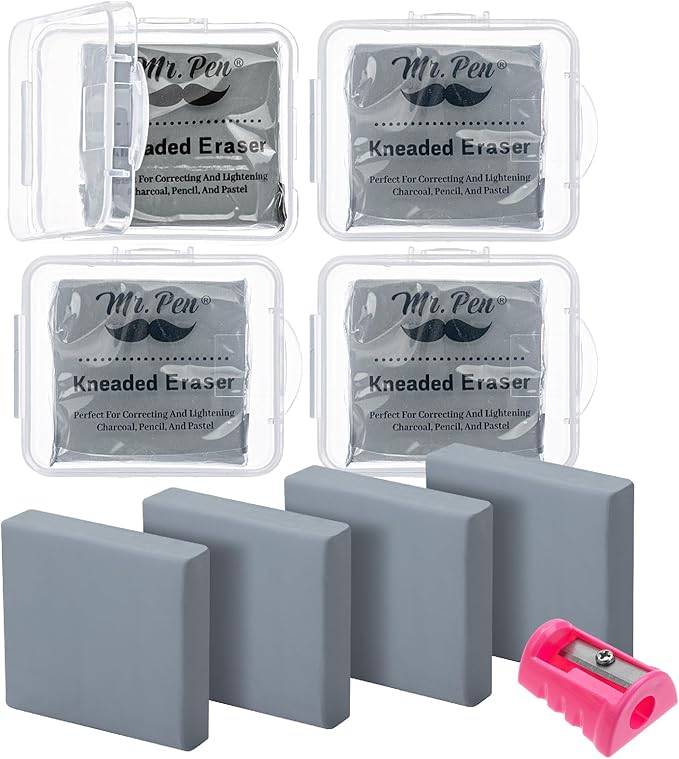Mr. Pen- Kneaded Eraser Set, 4 Pack, Gray Moldable Art Erasers with Storage Cases & Sharpener, Soft Kneadable Erasers for Charcoal, Graphite, Pencil & Pastel Drawing