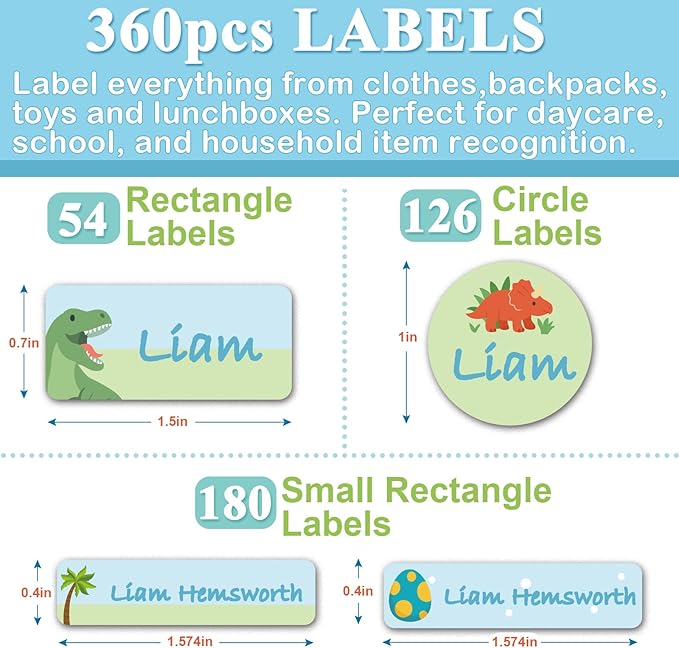 Daycare Name Labels for Kids, 360pcs Waterproof & Removable Name Stickers for Water Bottles, Lunch Boxes and School Daycare Name Tag (Dinosaur)