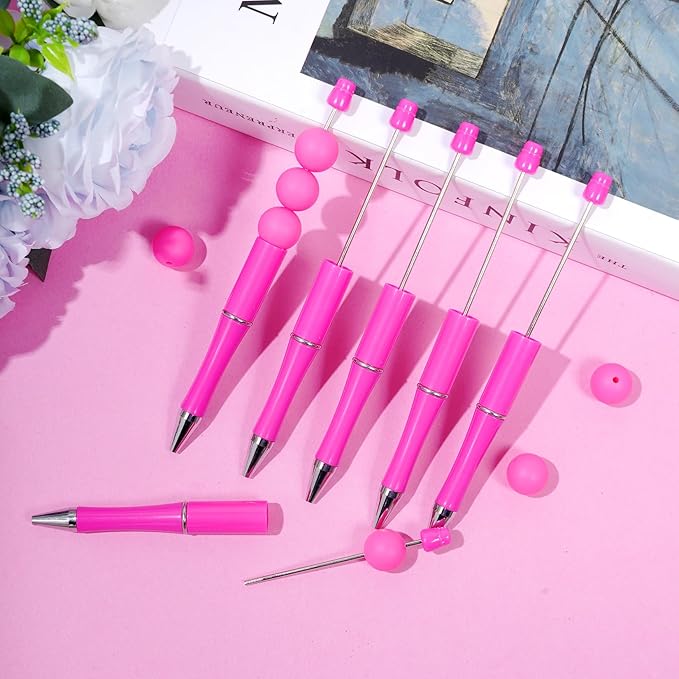 jiebor 30Pcs Hot Pink Beadable Pens Plastic Bead Ballpoint DIY Cute Cool Pens Black Ink for Women Men Bridal Graduation Gift Office Supplies