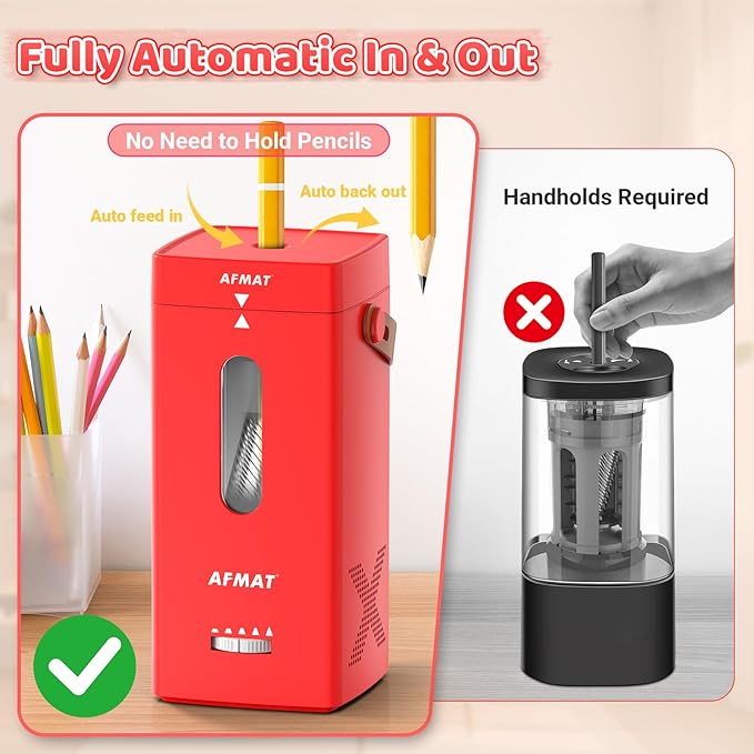 AFMAT Electric Pencil Sharpener, Fully Automatic Pencil Sharpener, Auto in & Out, Rechargeable Hands-Free Sharpeners for Jumbo & Colored Pencils (6.5-12mm), Portable for Home/Classroom/Office PSC6