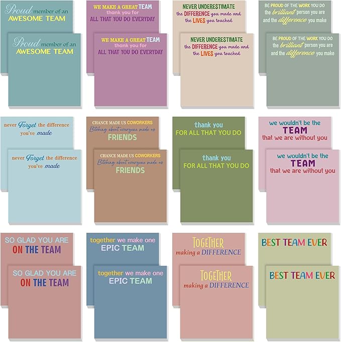 Yinder 24 Pcs Inspirational Sticky Notes Cute Motivational Sticky Notes Pad End of Year Employee Appreciation Gifts Bulk for Teacher Nurse Coworkers Office Supplies 3 x 3'' (Team,Morandi)