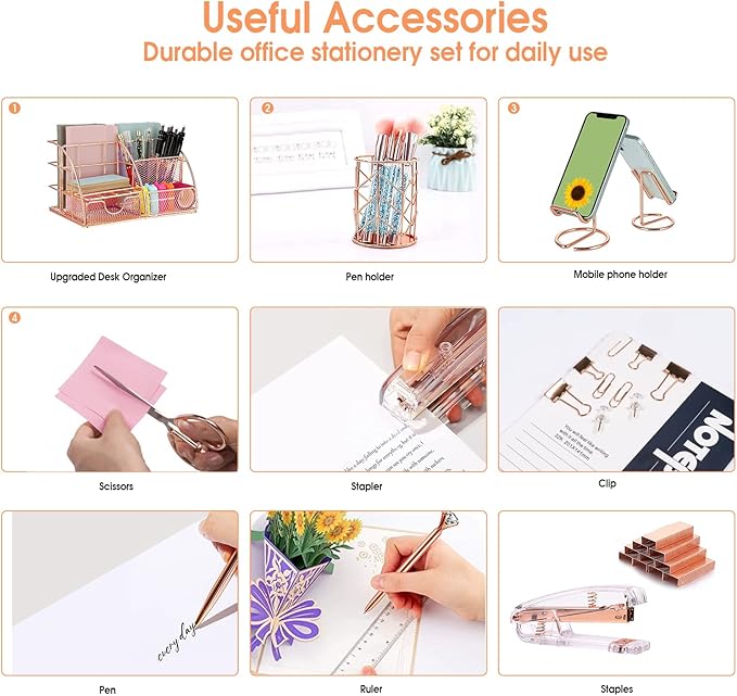 KAAKOW Rose Gold Desk Organizers and Accessories Office Supplies Set Stapler, Pen Holder, Phone Holder, Scissors, Pen, Ruler, 30 Paper Clips, 22 Binder Clip, 20 Tacks and 1000pcs Staples