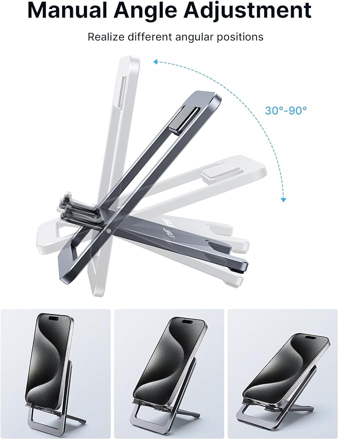 JSAUX Cell Phone Stand, Foldable Aluminum Adjustable Phone Holder for Desk Portable Travel Essentials Office Accessories for iPhone 17 16 15 14 13 Pro Max Samsung S25 S24 S23 Ultra Kindle-Gray