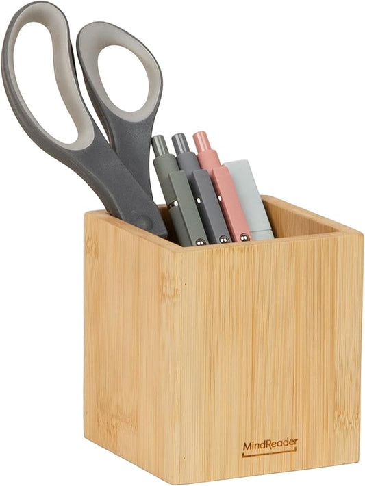Mind Reader Pen Cup, Accessory Holder, Desktop Organization, Office, Bamboo, 3.5"L x 3.5"W x 3.875"H, Brown
