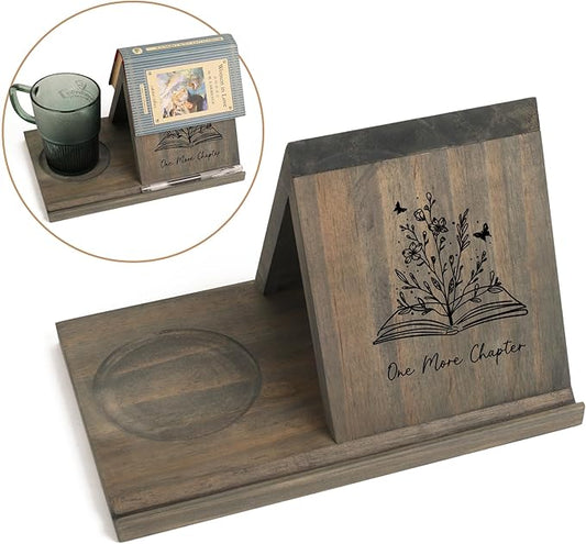 LITIVY Wooden Book Holder with Drink Holder, Wooden Triangle Bookmark Reading Rest with Slotted, Book Display Bookmark Book Holder Decor for Coffee and Book Lover Gifts (Greenish Gray)