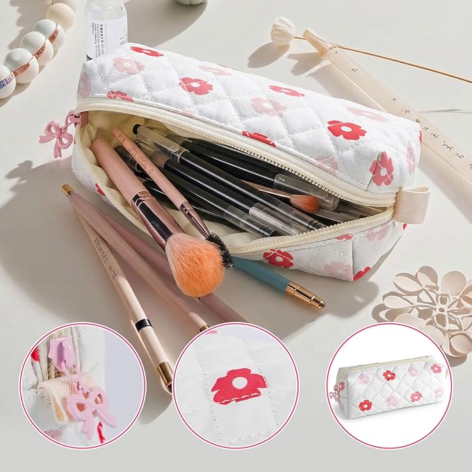 Cute Quilted Pencil Case for Girls Women, Aesthetic Small Floral Pencil Pouch,Slim Soft Pencil Bag for School Supplies Makeup Pouch for School & Daily Use (Big Pink Floral)