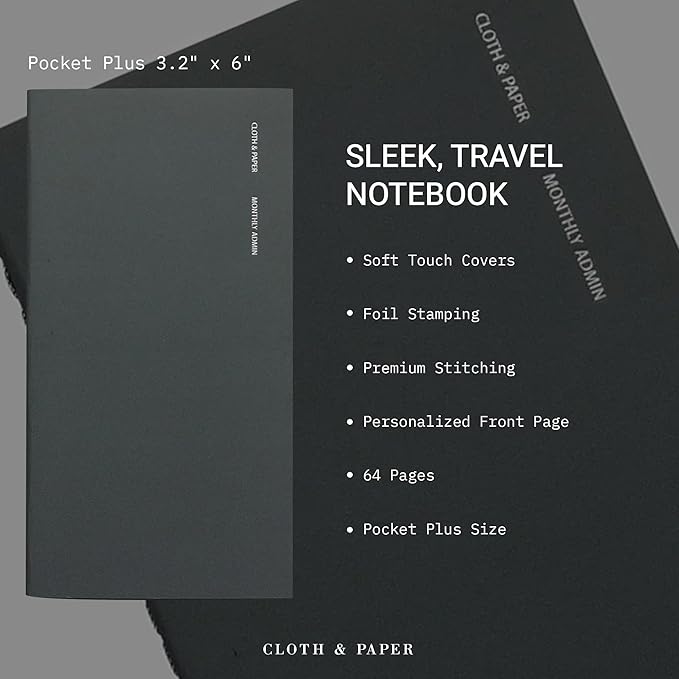 Cloth & Paper Travel Notebook | Monthly Admin – Lagoon | Pocket Plus Monthly Planner Notebook 3.2" x 6" | Calendar Planner with Monthly Layout for Tasks, Notes & Important Dates – Soft Touch Cover