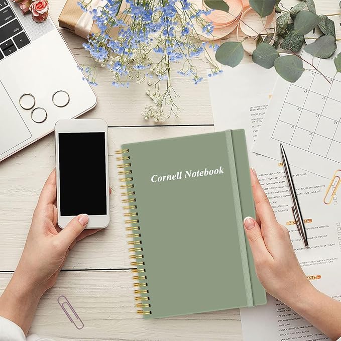 Yaridar A5 Cornell Notes Notebook - College Spiral Cornell Notebooks for Note Taking, Subject College Ruled Steno Pads for Office/School/Home, 5.8" x 8.5", Green