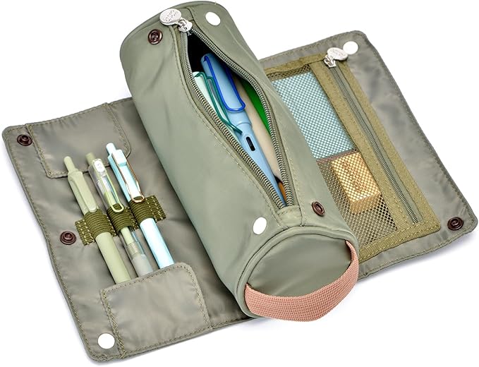 Lanxivi Large Capacity Pencil Case Roll Up Design Multifunctional Pencil Holder Pouch Stationery Pen Bag for Teen Girls and Boys Camping style - Green