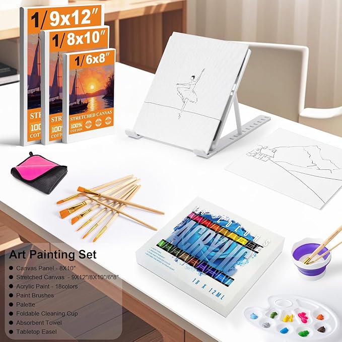 Acrylic Paint Set for Kids & Adults, Art Painting Supplies Kit with 18 Acrylic Paints, Paint Brushes, Canvas, Easel