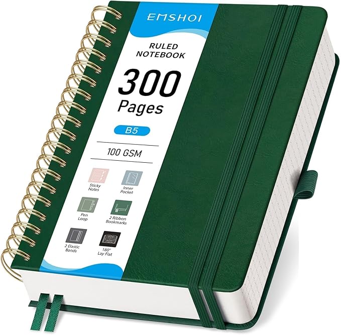EMSHOI B5 College Ruled Spiral Notebook, Thick 300 Numbered Pages, 100GSM Ink-Proof PU Leather Hardcover Lay-Flat Lined Journal for Work Office School Writing, 7.48"x10.15", Dark Green