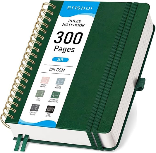 EMSHOI B5 College Ruled Spiral Notebook, Thick 300 Numbered Pages, 100GSM Ink-Proof PU Leather Hardcover Lay-Flat Lined Journal for Work Office School Writing, 7.48"x10.15", Dark Green