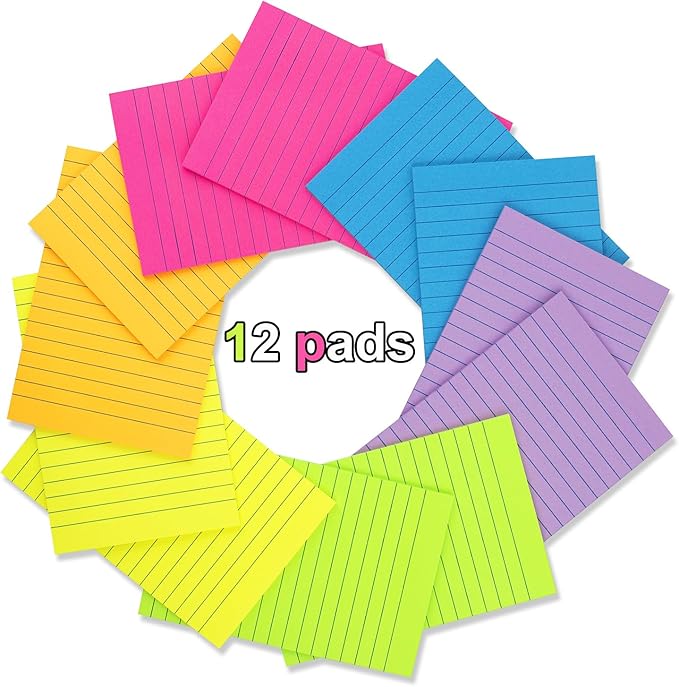 (12 Pack) Lined Sticky Notes 4x6 in,Large Notepads with Lines,Ruled Stickies Super Sticking Power,Office School Memo Note Pads Bright Colors,Post on Windows Doors,Recyclable,Easy to Write on