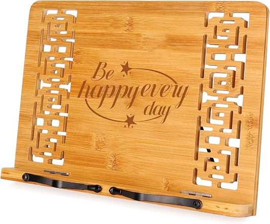 MEGREZ Book Stand for Reading (13.2 x 9.4 inch) Bamboo Cookbook Stand Holder for Kitchen, Adjustable Book Holder Stand for Tablet/Textbook Holder/Hollow Bookrest Stand, Be Happy Everyday