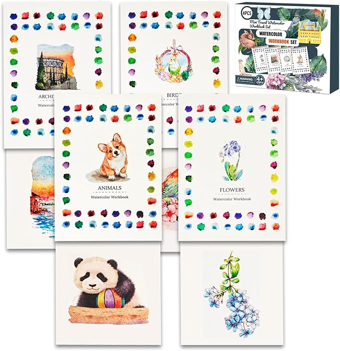 Watercolor Workbook, 100% Cotton Watercolor Paper Pad Set – 4 Pack (52 Sheets), 5.4" x 7.4" Cold Press 140lb / 300gsm Glue Bound Art Paper for Adults, Beginners & Daily Practice