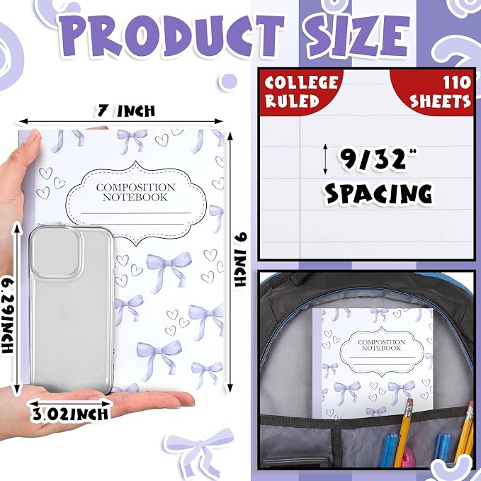 Fullhawl 6 Pack Composition Notebook College Ruled Bulk Purple Cherry Composition Notebook Aesthetic for Back to School 110 Pages 9-3/4 X7-1/2 Cute Lavender Bow Journal for First Day of School