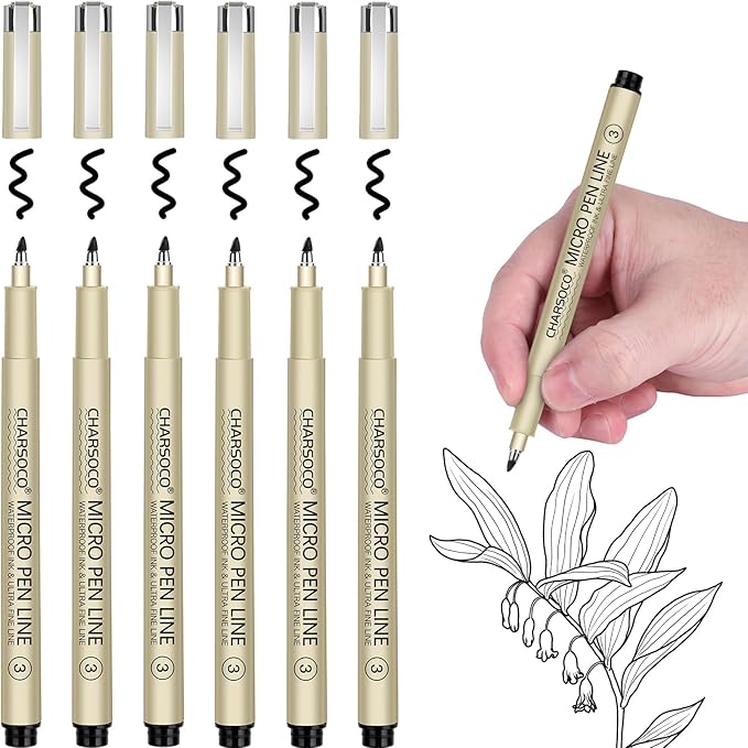 3 Micro Pen, 6 Pack Black Fine Point Pen with Waterproof Archival Ink, 3mm Fineliner Ink Pens for Artist Illustration, Sketching, Anime, Manga, Technical Drawing and Scrapbooking-6