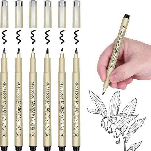 3 Micro Pen, 6 Pack Black Fine Point Pen with Waterproof Archival Ink, 3mm Fineliner Ink Pens for Artist Illustration, Sketching, Anime, Manga, Technical Drawing and Scrapbooking-6