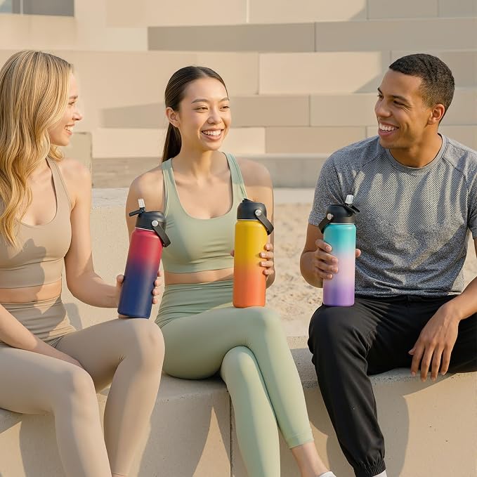 Fijinhom 24oz Insulated Stainless Steel Water Bottle, Wide Mouth Double Wall Vacuum, Silicone Straw, Sweat & Leak Proof, BPA Free Insulated Water Flask for Travel, Keep Cold 24h Hot 12h, Pink