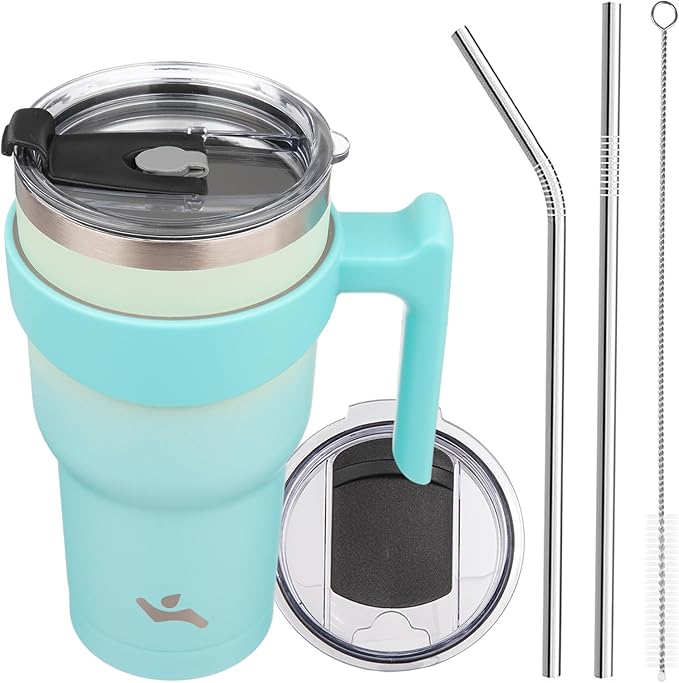 Konokyo 30 oz Tumbler with Handle and 2 Straw 2 Lid, Insulated Water Bottle Stainless Steel Vacuum Cup Reusable Travel Mug, Mint