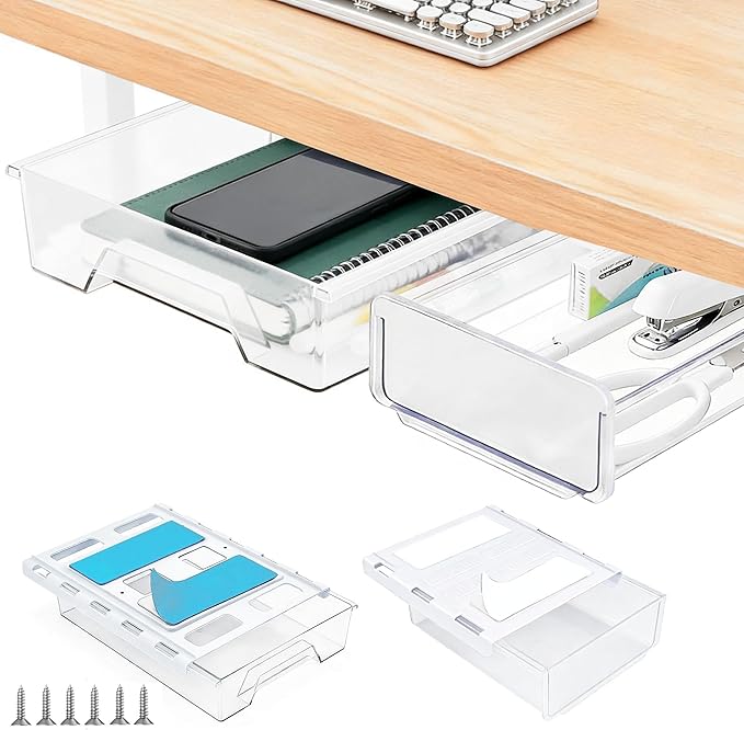 2 Pack Under Desk Drawer Organizer, Self Adhesive Hidden Drawer Storage, Slide Out Desk Organizer, Space Saving Pencil & Accessories Organizer, Under Table Storage for Home Office & School, Clear