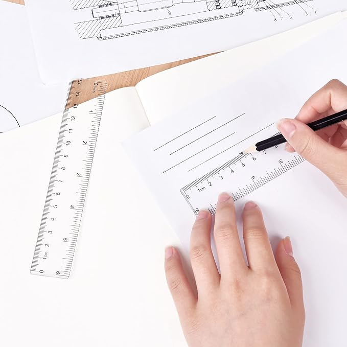 Unjoo Clear Plastic Ruler 6 Inch Straight Rulers, Shatterproof Ruler with Inches and Centimeters for School Classroom, Home, or Office (2pcs)