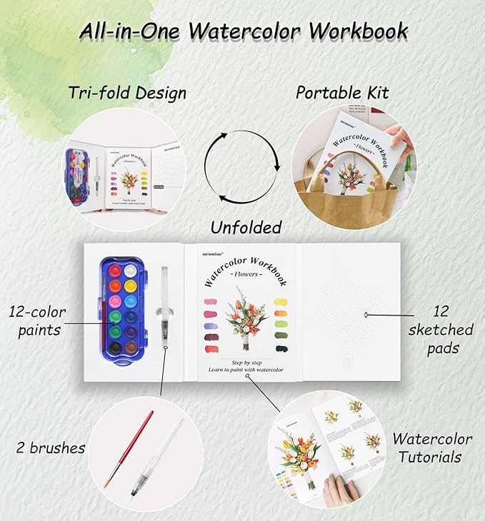 Watercolor Workbook for Beginners - Water Colors Paint Adult Set Including Video and Step by Step Tutorials,12 Flowers Water Coloring Book，300GSM Bleed-Resistant Paper，Relaxing Art Gift for Adults (Floral with Paints)
