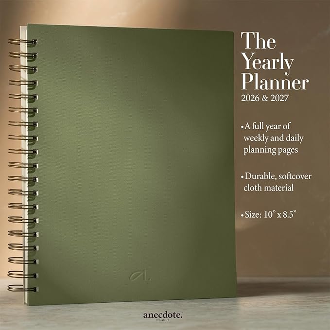 Anecdote Spiral Planner w/2026-2027 Calendar (8.5" x 10") | Start Anytime - 52 Weeks, Undated Planner Pages | To-Do List Organizer, Plan Your Success, Achieve Productivity Goals (Olive)