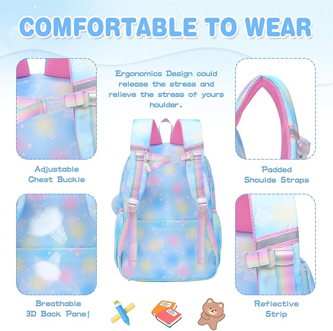 Alrisg Girls Backpack for Kids Elementary Middle School Cute Student Bookbag School Bag Blue Set