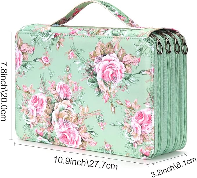 Vomgomfom 200 Slots Pencil Bag, 4-Layer Zipper Portable Art Supply Organizer, PU Leather Large Capacity Colored Pencil Case with Handle for 200 Watercolor Pens, Gel Pens (Green Rose)