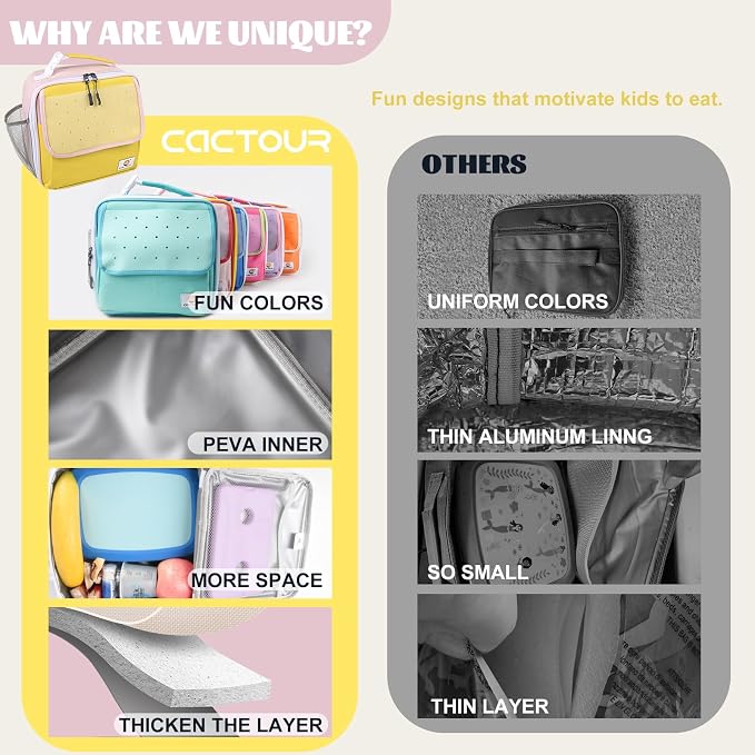 CaCTOUR Lunch Box Kids,Fun Color Lunch Box for Girls,Large Soft Cooler Lunch Bag for Kids,Back to School Thermal Insulated Lunch Tote Bag for School Daycare Outdoor (Yellow Pink)