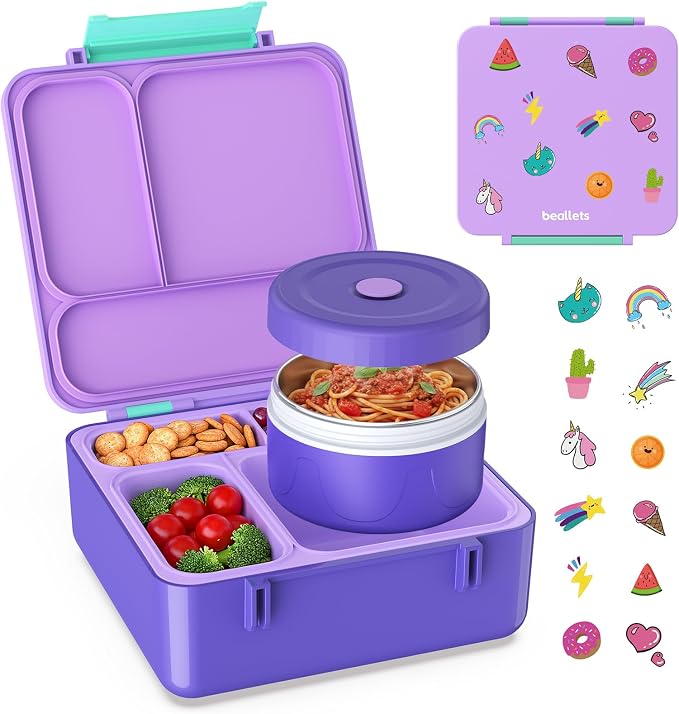 Bento Box for Kids, Lunch Box with Sticker for School | DIY Sticker Fun, Quick Lunch Packing, 4-Compartment Design, Insulated Food Jar, BPA-Free, Leak-Proof