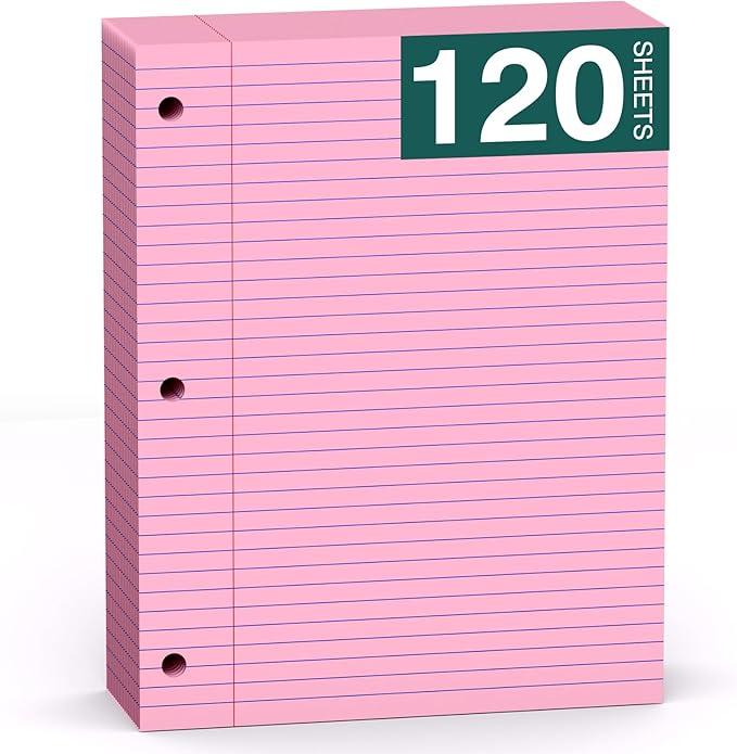 Pink Note Pads 8 X 10.5 Loose Leaf Paper, 120Sheets, 3 Hole Punched Lined Paper, College Ruled 8 X 10.5 Notebooks, 10-1/2" X 8 Binder Writing Pads, Filler Paper for Office, School Supplies