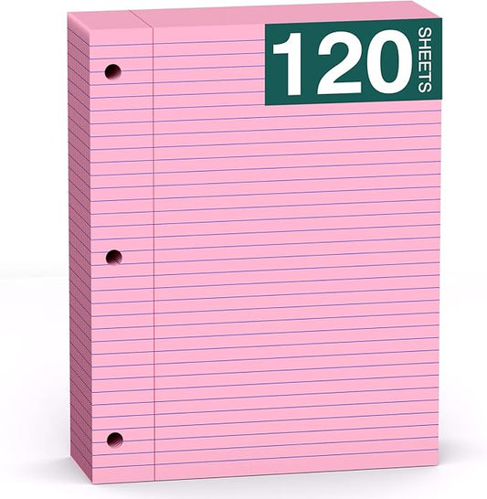 Pink Note Pads 8 X 10.5 Loose Leaf Paper, 120Sheets, 3 Hole Punched Lined Paper, College Ruled 8 X 10.5 Notebooks, 10-1/2" X 8 Binder Writing Pads, Filler Paper for Office, School Supplies