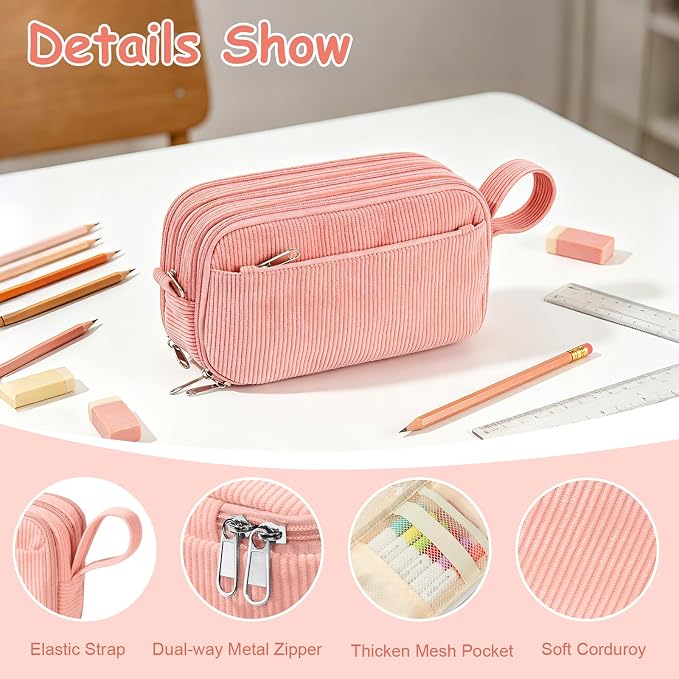 BuyCard Pink Corduroy Pencil Case, Large Capacity, Casual Style, Zipper Pouch Organizer for Teen Girls, Cute Stationery Storage and Organizer, Supplies for Teen and Adult Girls