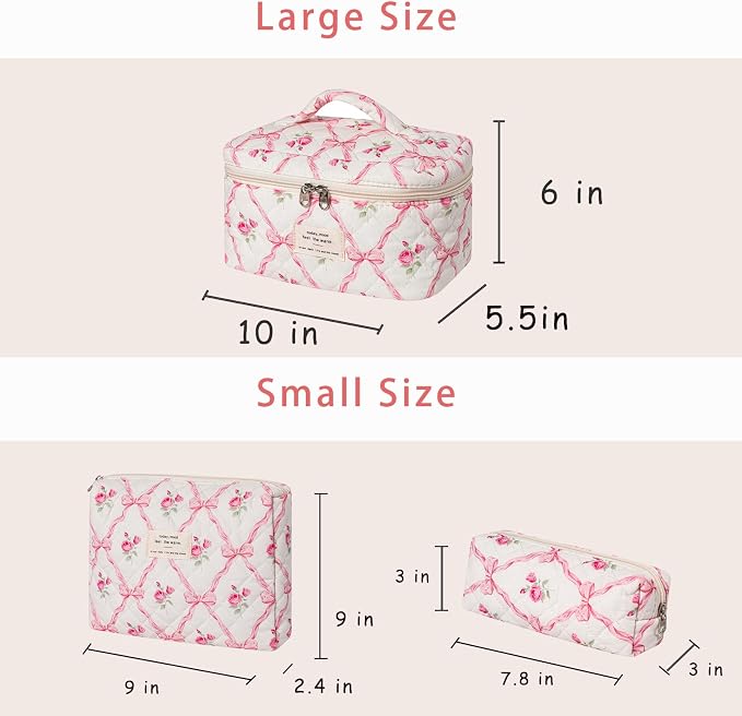 uekeboag Large Travel Quilted Makeup Bag for Women | Soft Floral Cotton Cosmetic Bag, Foldable Coquette Aesthetic Toiletry Organizer